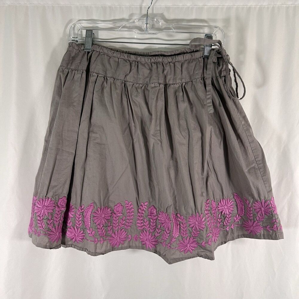 Garnet Hill Mini Skirt Women's 10 Grey Pink Embroidered Floral Tie Zip Side